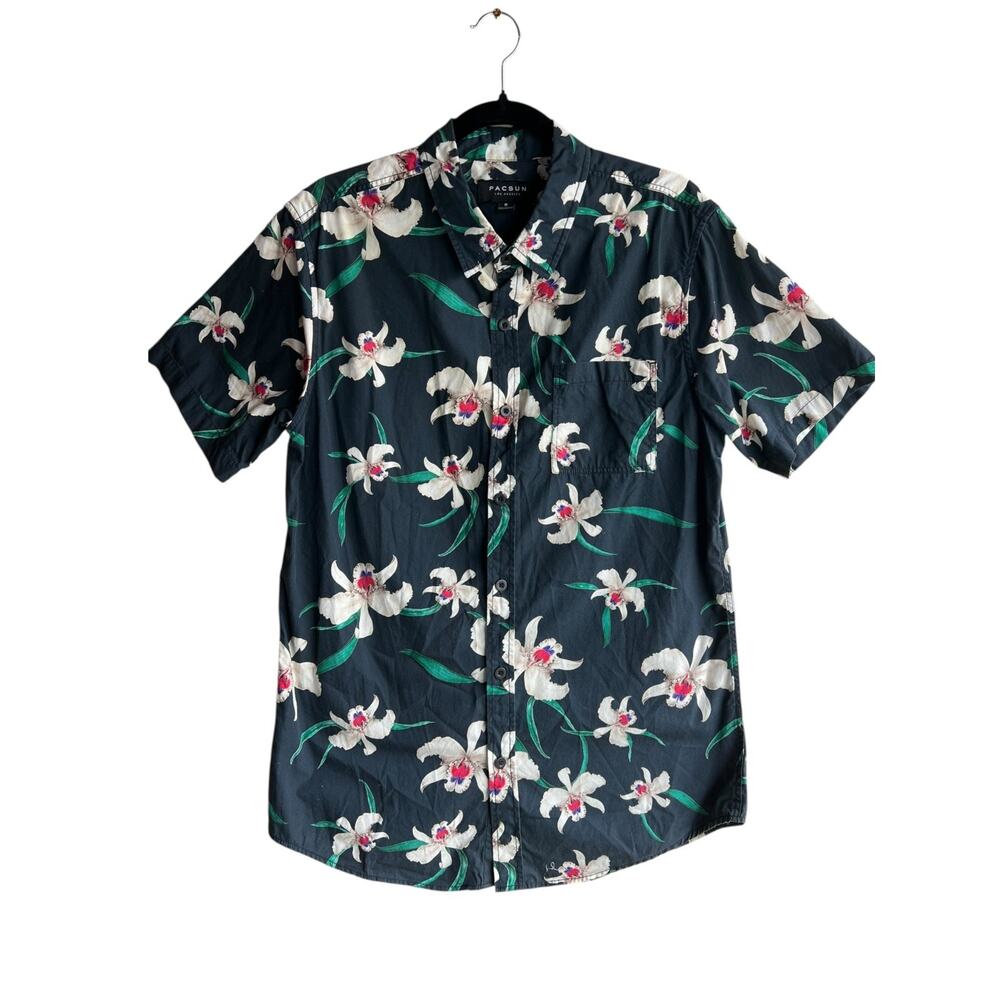 Pacsun Men's Button Up Shirt Hawaiian Tiki Oasis Camp Floral Black Size Medium